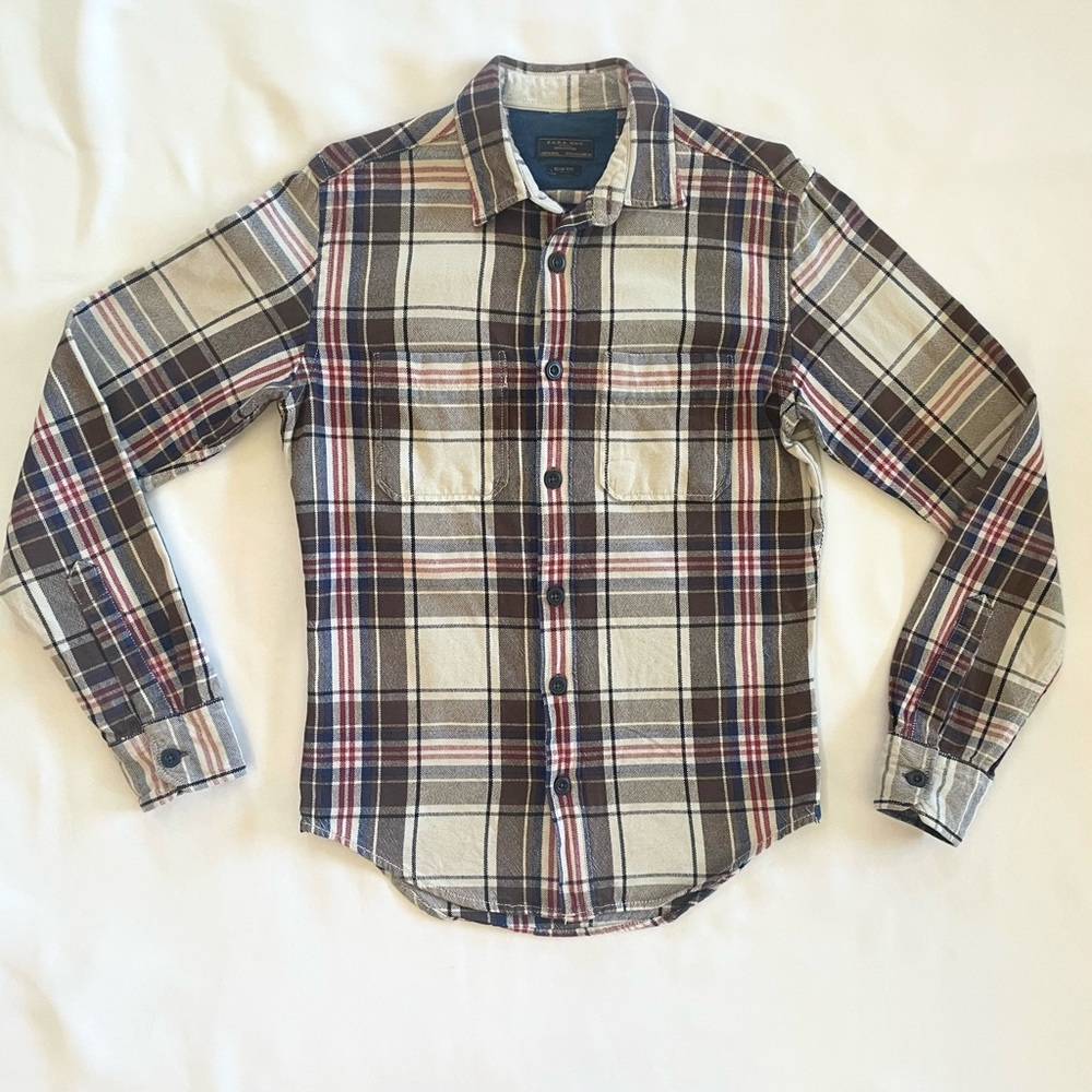 Zara Man Denim Couture Shirt 100% Cotton Plaid Slim Fit Flannel Button Up